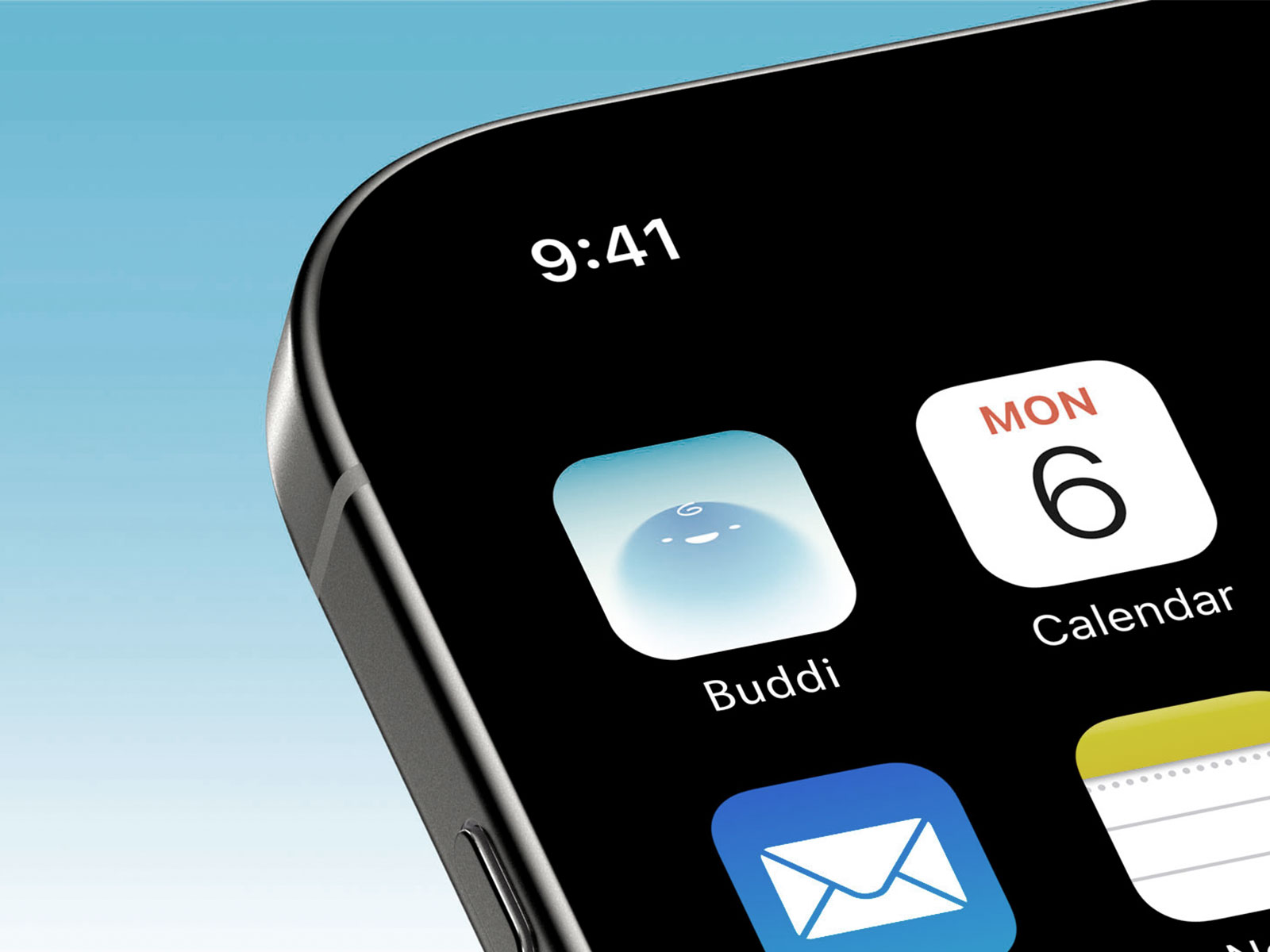 Buddi app icon featuring a simple rounded character face in soft colors