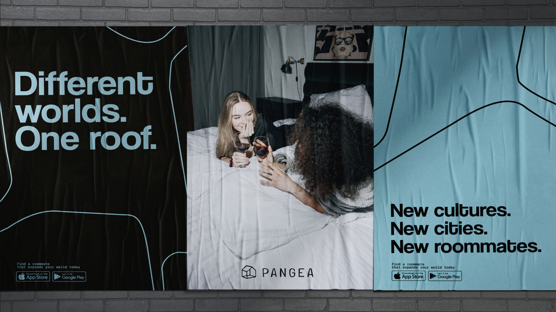 Three posters for Pangea featuring diverse roommates and bold typography